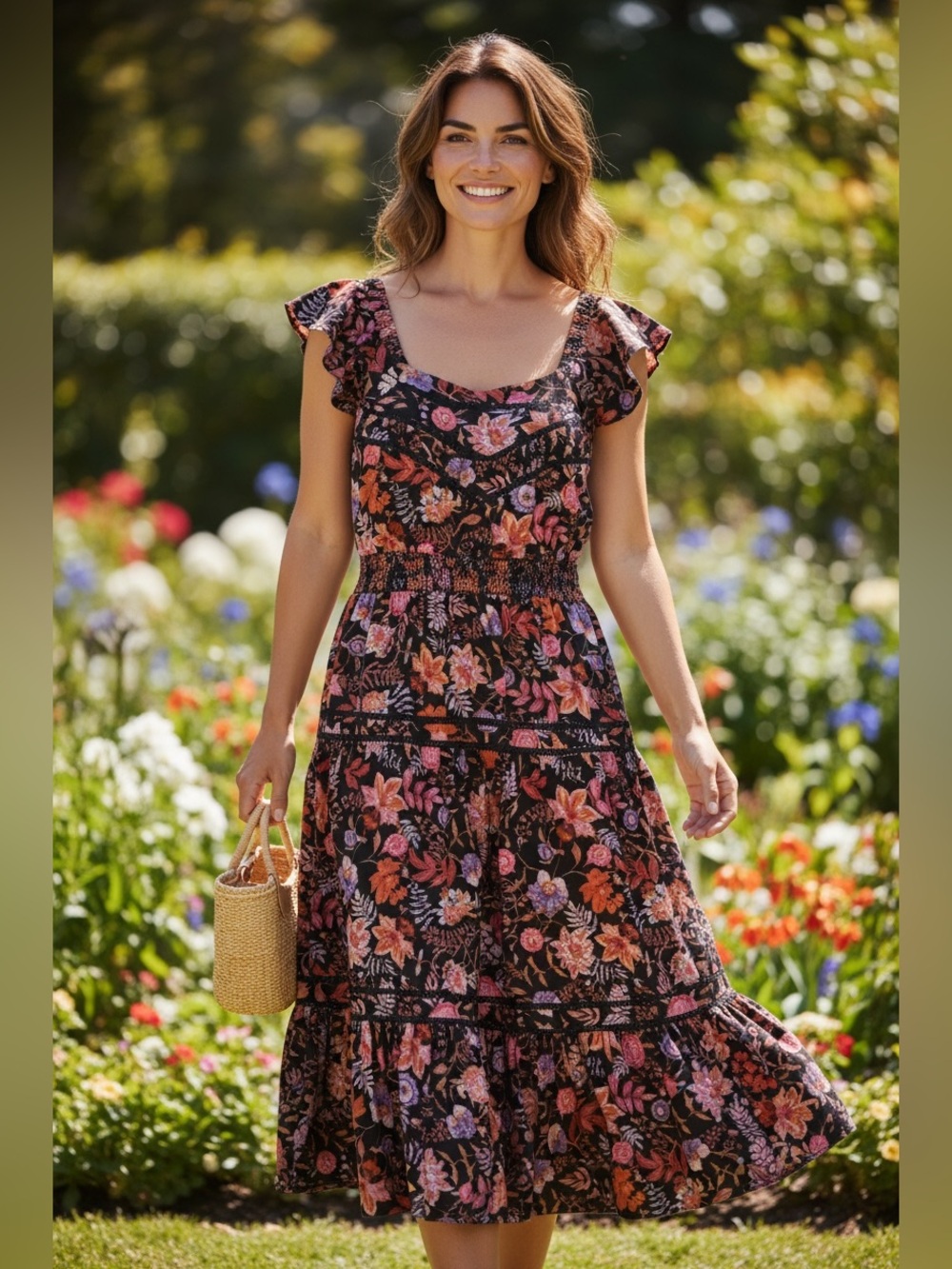 Democracy Floral Printed Woven Tiered Midi Dress Smocked Black Ruffle S NWT